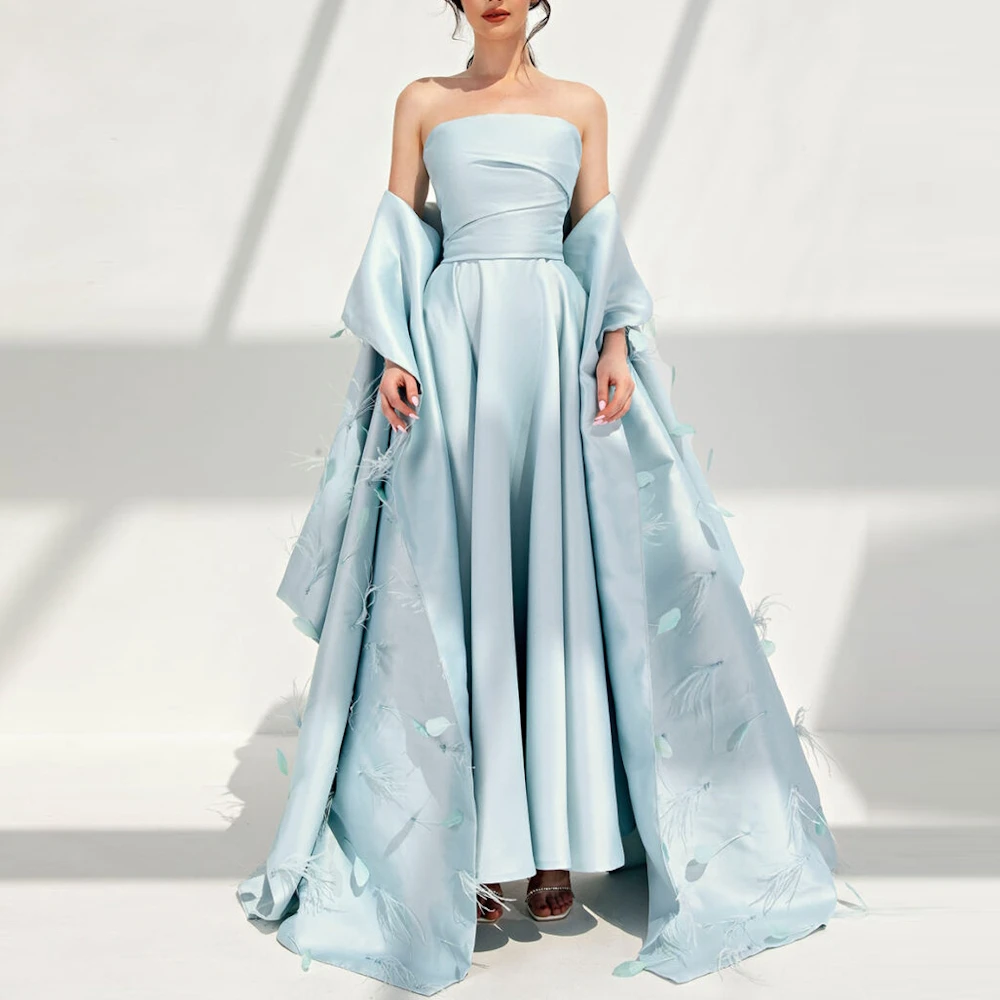 Muloong Light Blue Strapless Women Evening Dresses Floor Length A Line Prom Gown Feathers Shawl 2023 فستان سهرة نسائي