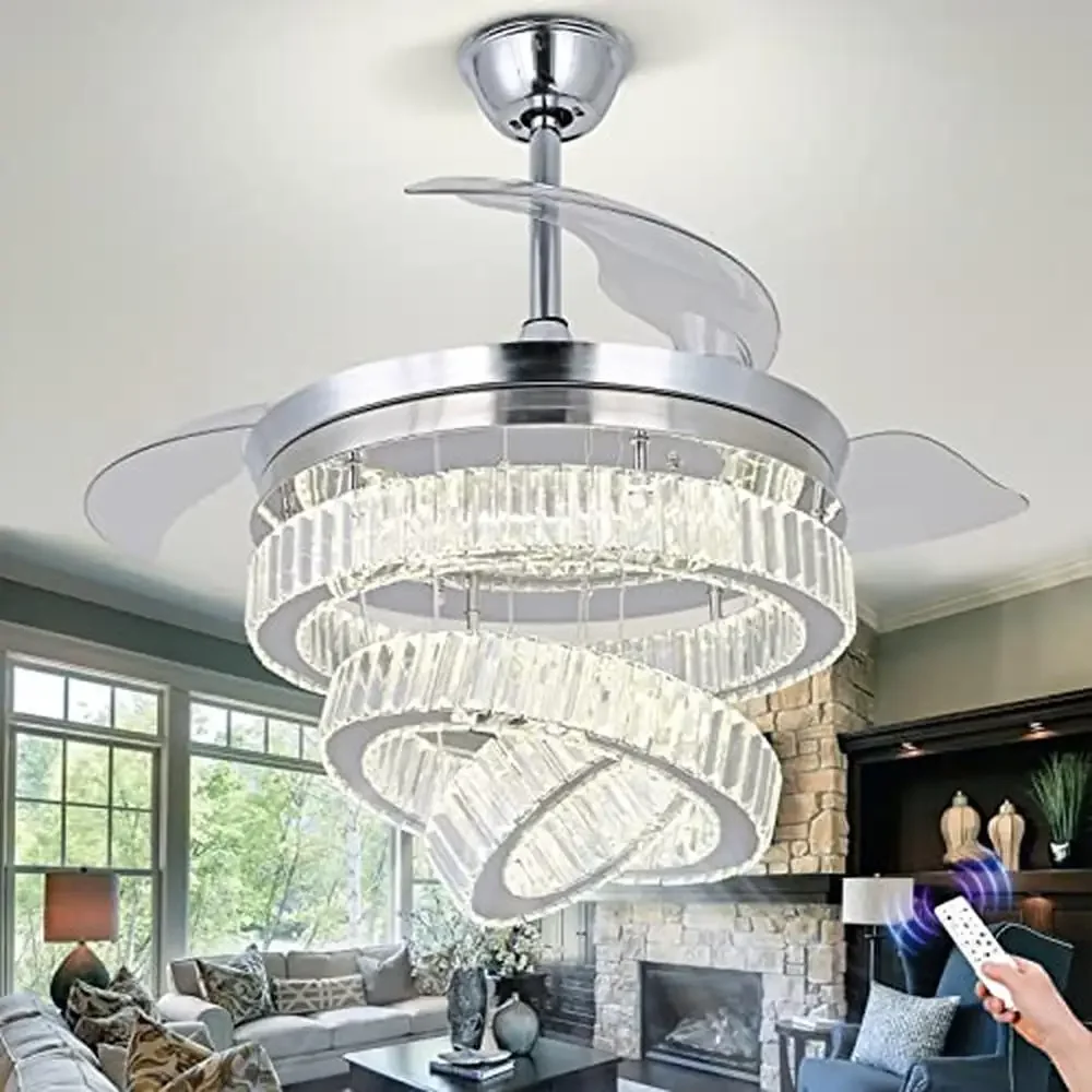 Modern Crystal Chandelier Fan with Lights Remote Control Dimmable LED 6-Speed Flush Mount Ceiling Fan Retractable Blades 42