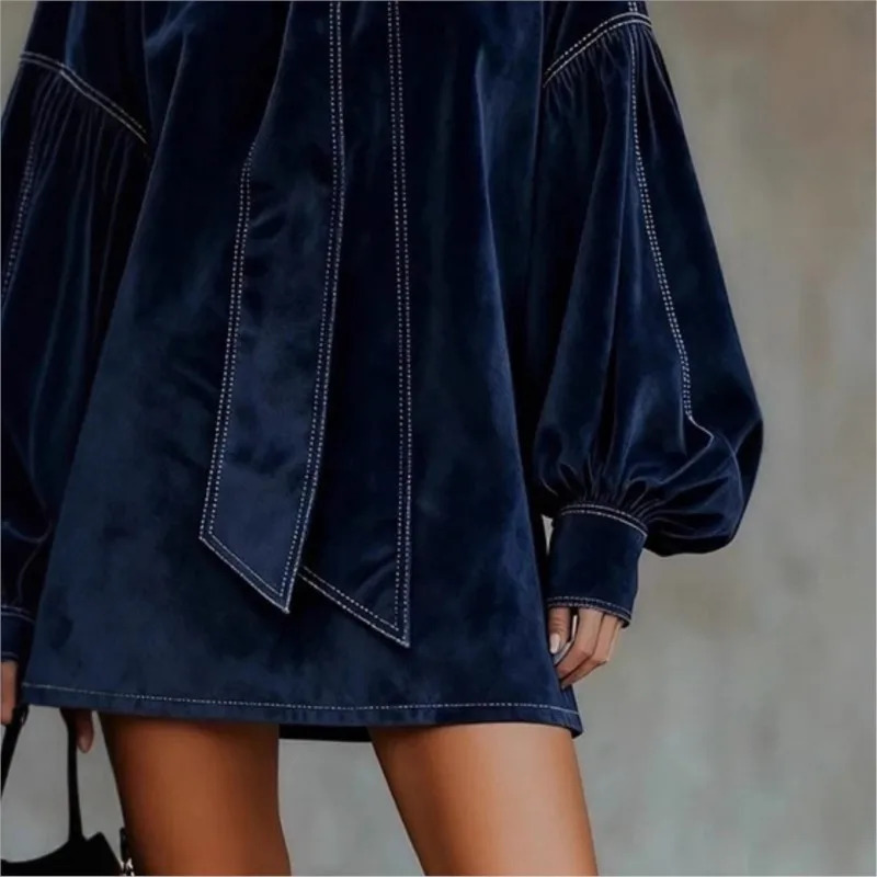 الأمريكية الرجعية عالية الياقة فانوس فستان بكم طويل الخريف ربطة القوس فيونكة أنيقة المخملية المرأة عادية شارع العليا فساتين صغيرة #3