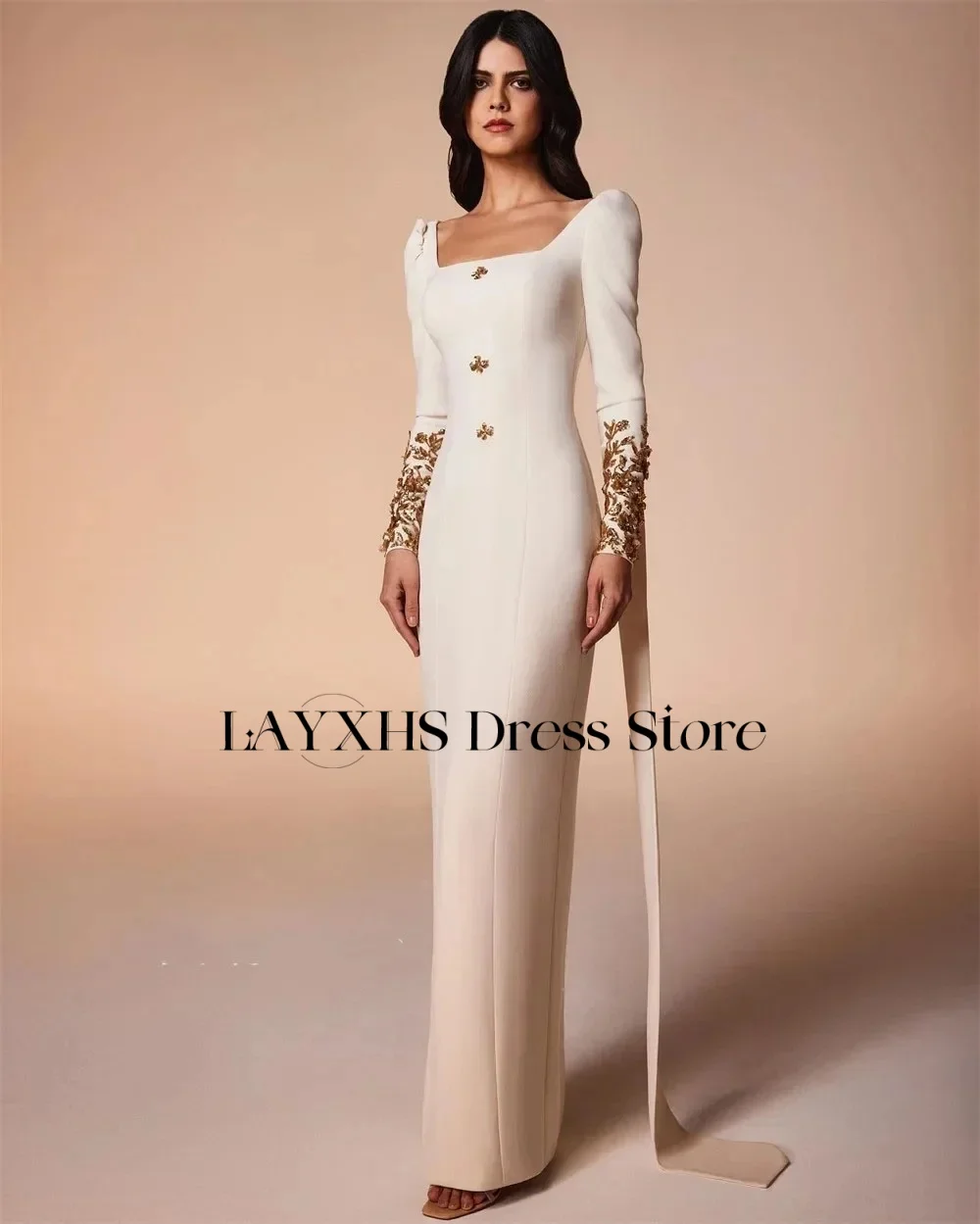 

LAYXHS High Quality Square Neck Evening Dresses Long sleeves Mermaid Sequins Back Slit Prom Dresses Customized فساتين س