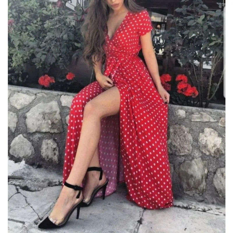 

Summer Polka Dot Cotton Lin Dress Casual Waist Cinched Slimming A-Line Skirt Commute Style Short Sleeve round Neck Midi Dress