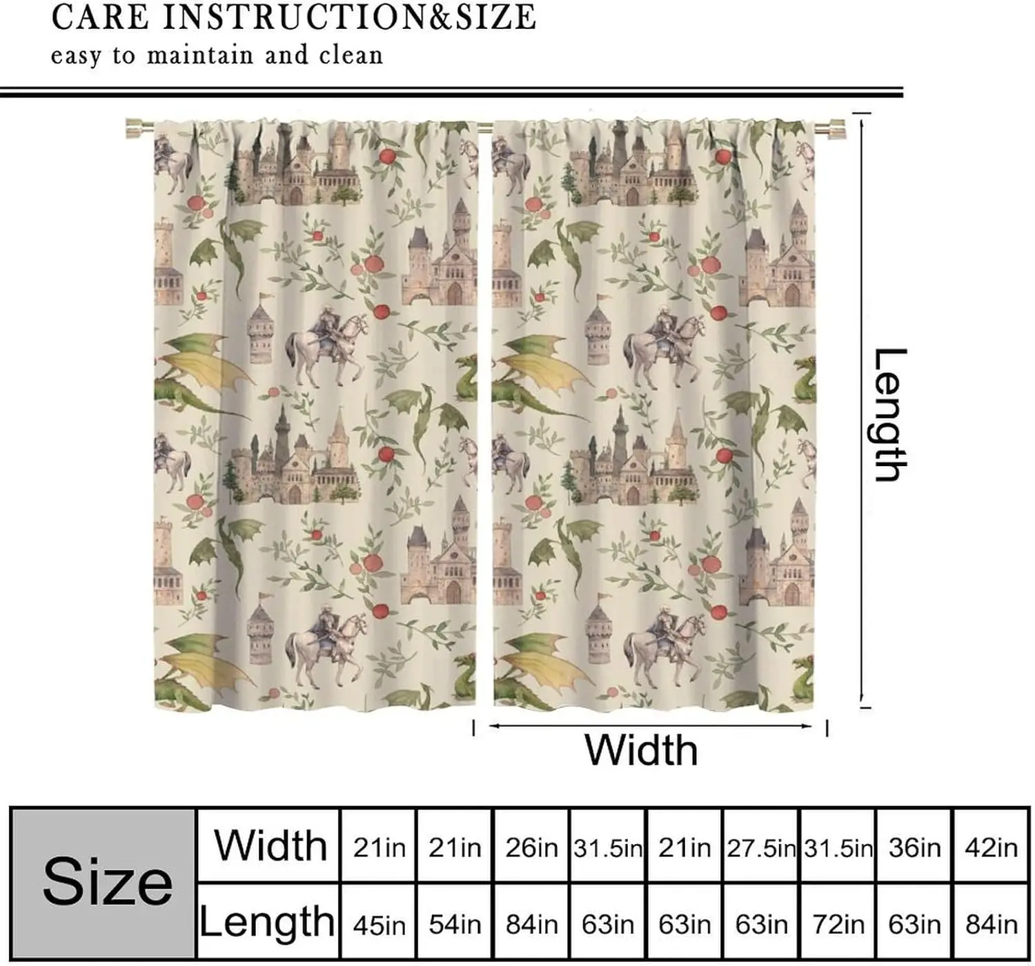 Dragon Blackout Curtains, Medieval Magical Castle Knights Art Printed Window Drapes for Bedroom Living Room Kitchen Decor Fabric