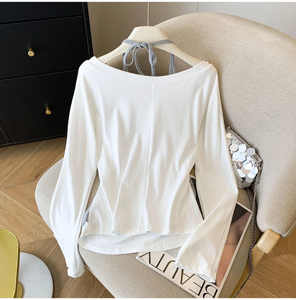 Faux 2 pièces col licou T-Shirt femmes 2025 nouveau automne Style coréen taille froissée coupe ajustée pull à manches longues hauts à la mode