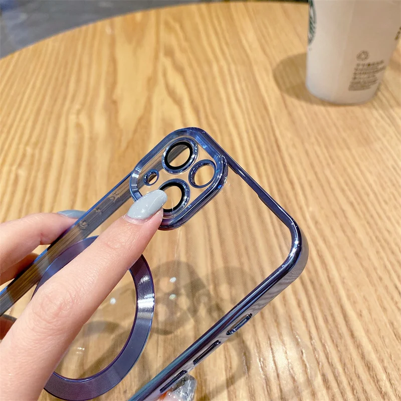 Lens Flim ile lüks kaplama temizle yumuşak telefon kılıfı için iPhone 16 15 14 artı 13 12 Pro Max 11 Magsafe manyetik anti-damla kapak