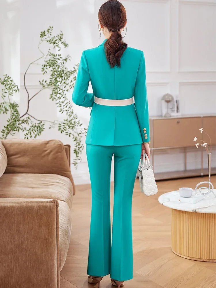 Fashion Autumn Winter Ladies Pant Suit Orange Blue Long Sleeve Women Business Work Wear Blazer And Trouser Formal 2 Piece Set