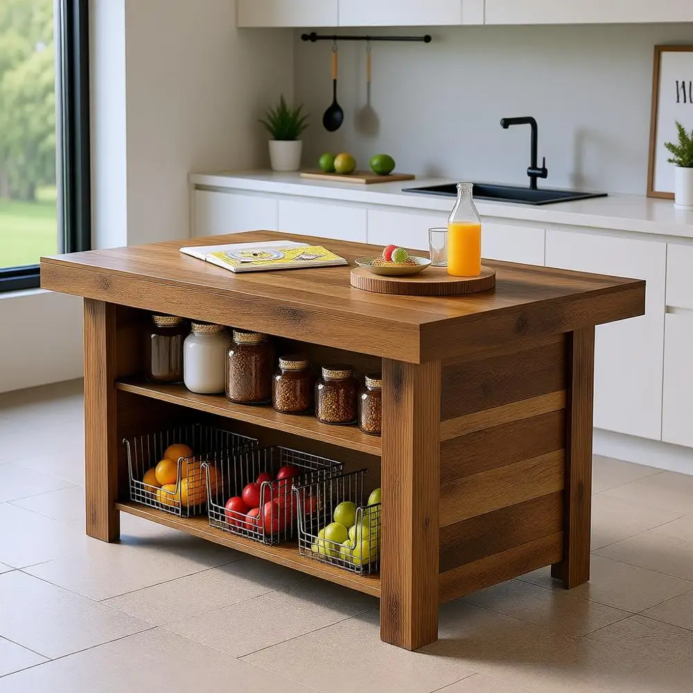 جزيرة مطبخ المزرعة ذات 3 طبقات باللون البني الريفي مع 55 سطح عمل ورف تخزين #1