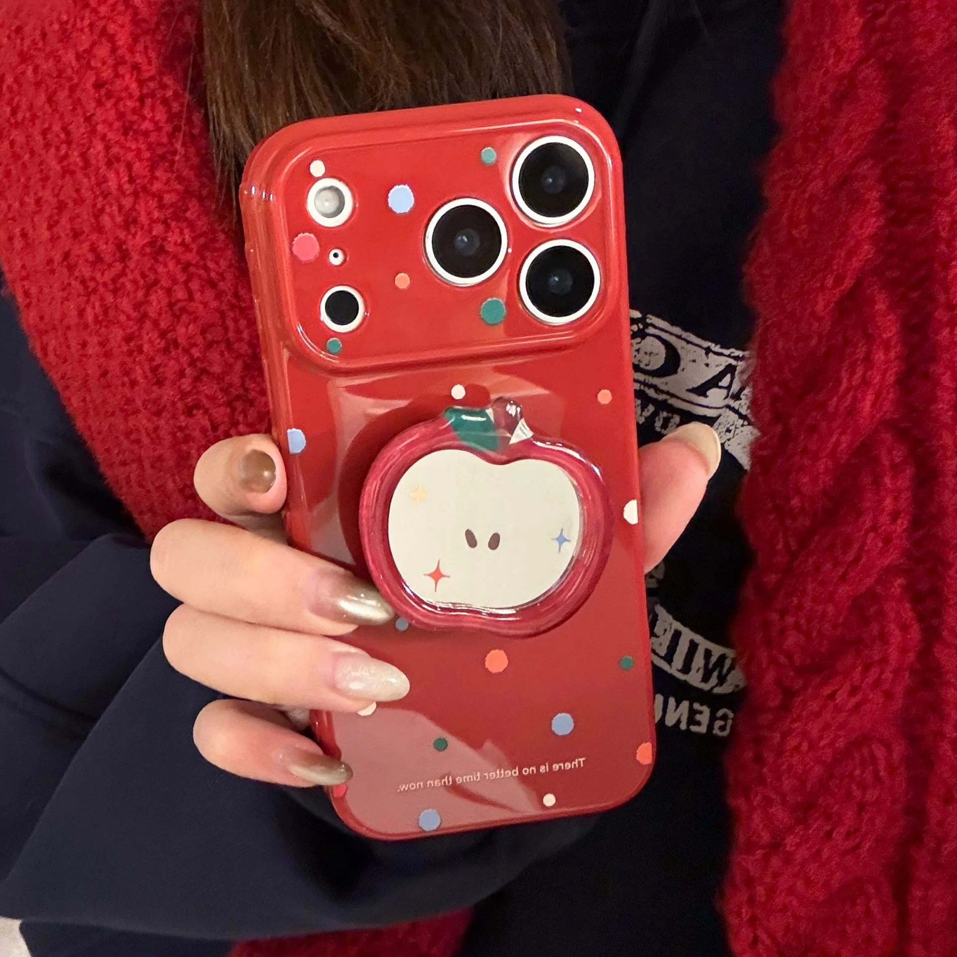 Koreanische Bunte Polka-Dot Cartoon Rote Apfel Spiegelhalterung Handyhülle für iPhone 17 16 15 14 13 12 Pro Max Stoßfeste Weiche Schutzhülle