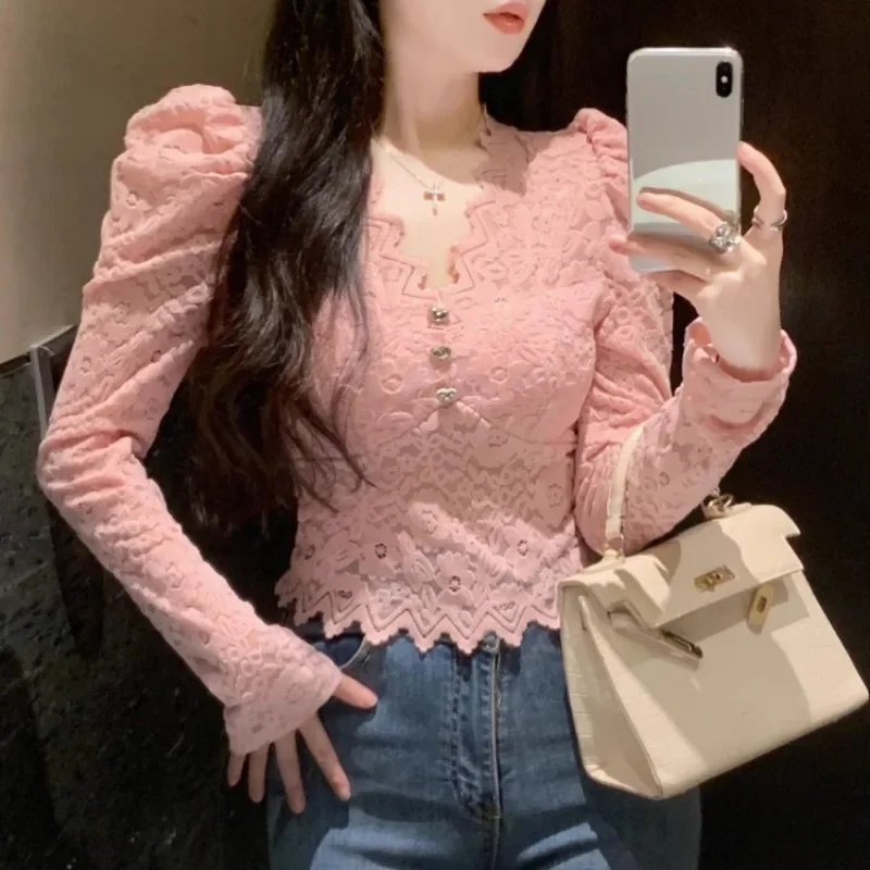 Ezgaga Fashion Shirts Women Puff Loong Sleeve V Neck Autumn Winter Slim Lace Patchwork Crop Tops Female Sexy Elegant Blouse