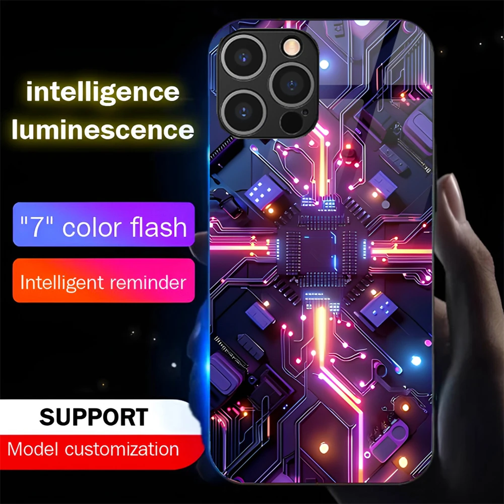 

Smart Circuit Technology Luminous Tempered Glass Phone Case LED Backlight Cover For iPhone 16 E 15 14 13 12 11 Pro Max Plus