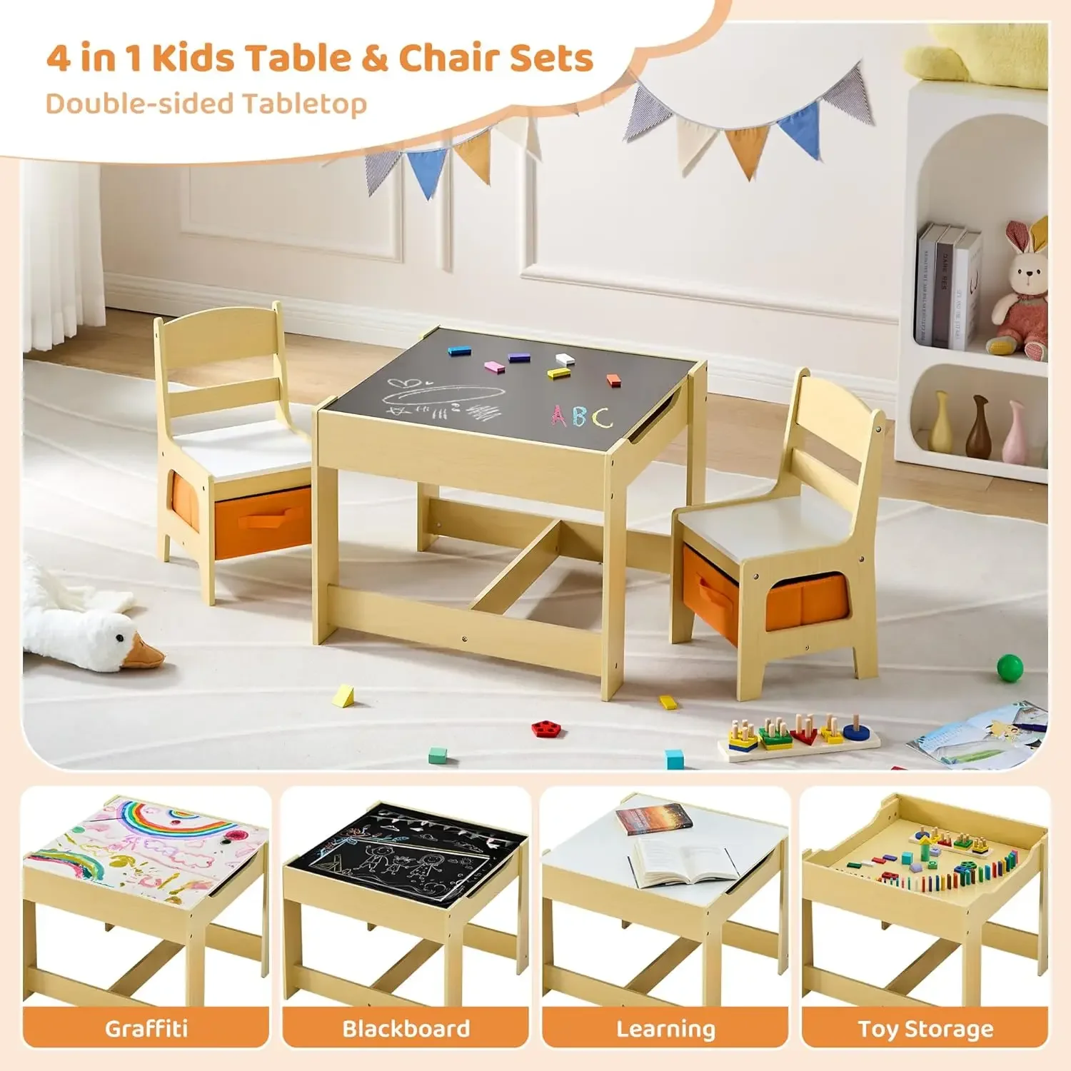 4 in 1 Wooden Toddler Table and Chair Set with Storage Drawer, Detachable Tabletop for Children Drawing/Reading/Art Craft, Home,