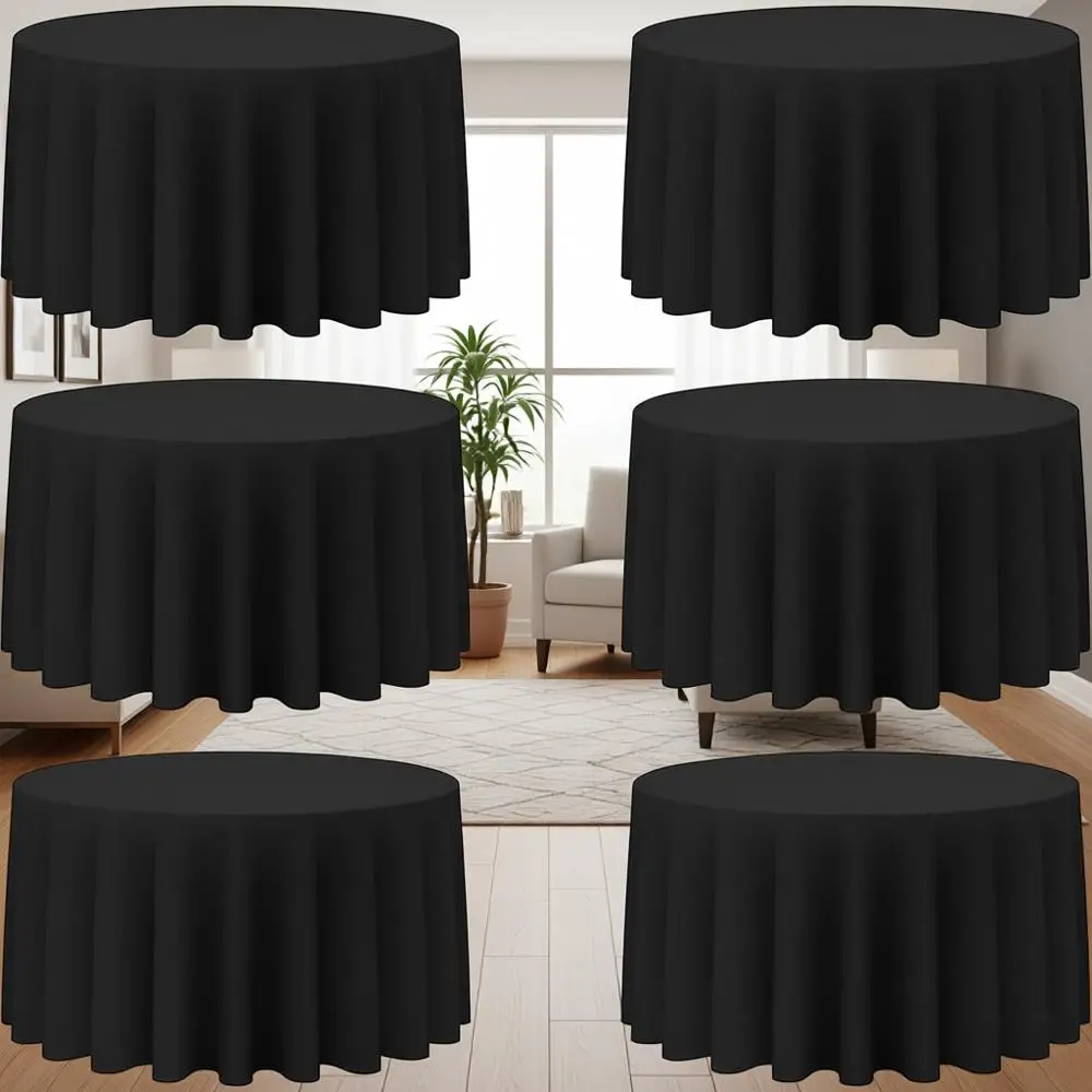 

120 Inch Round Black Polyester Tablecloths - Pack of 6 for Wedding, Party, Restaurant Use