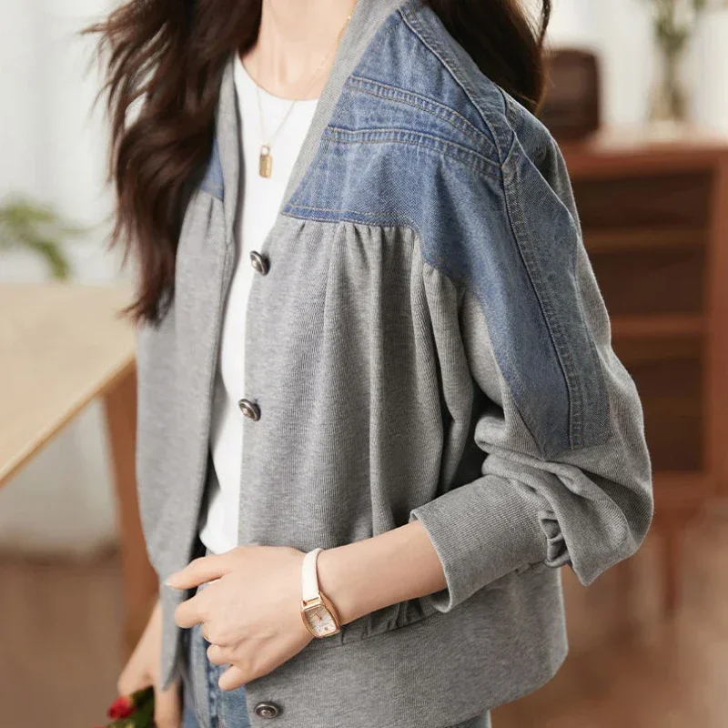 Small Female Jeans Coat Short Crop Women's Denim Jackets Outerwears Grey Patchwork Bomber Spring Autumn 2024 Fashion Designer