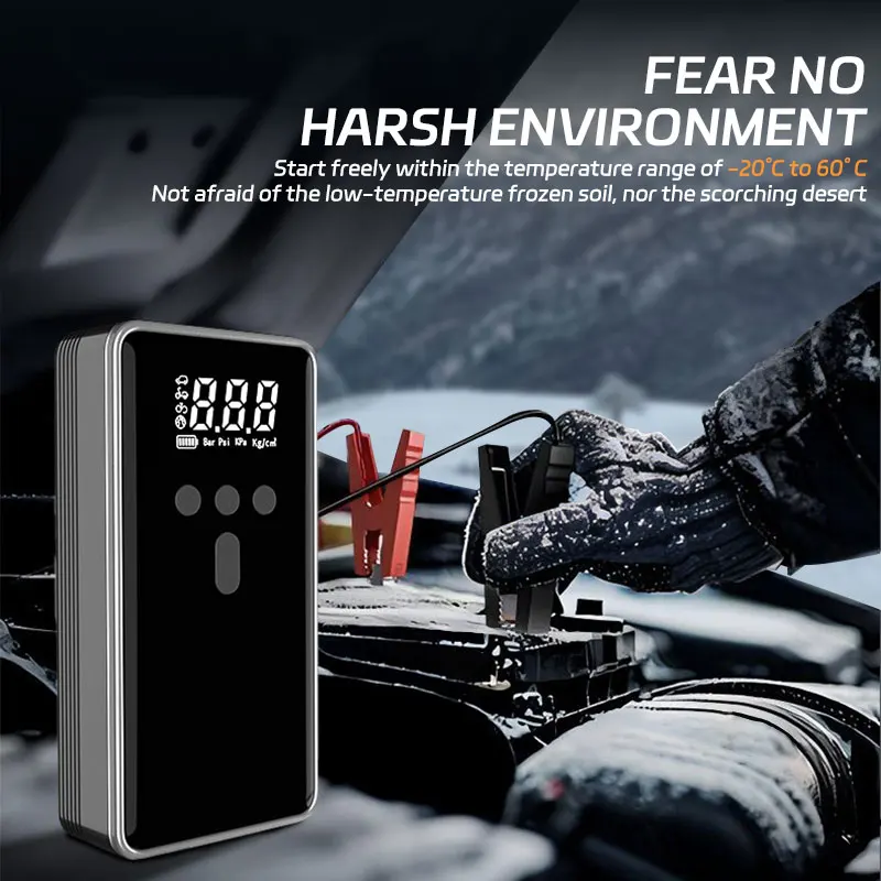 Portable Car Jump Starter with 12V Tire Inflator, Smart Air Compressor Pressure Gauge, Durable Copper Clamps Emergency Kit