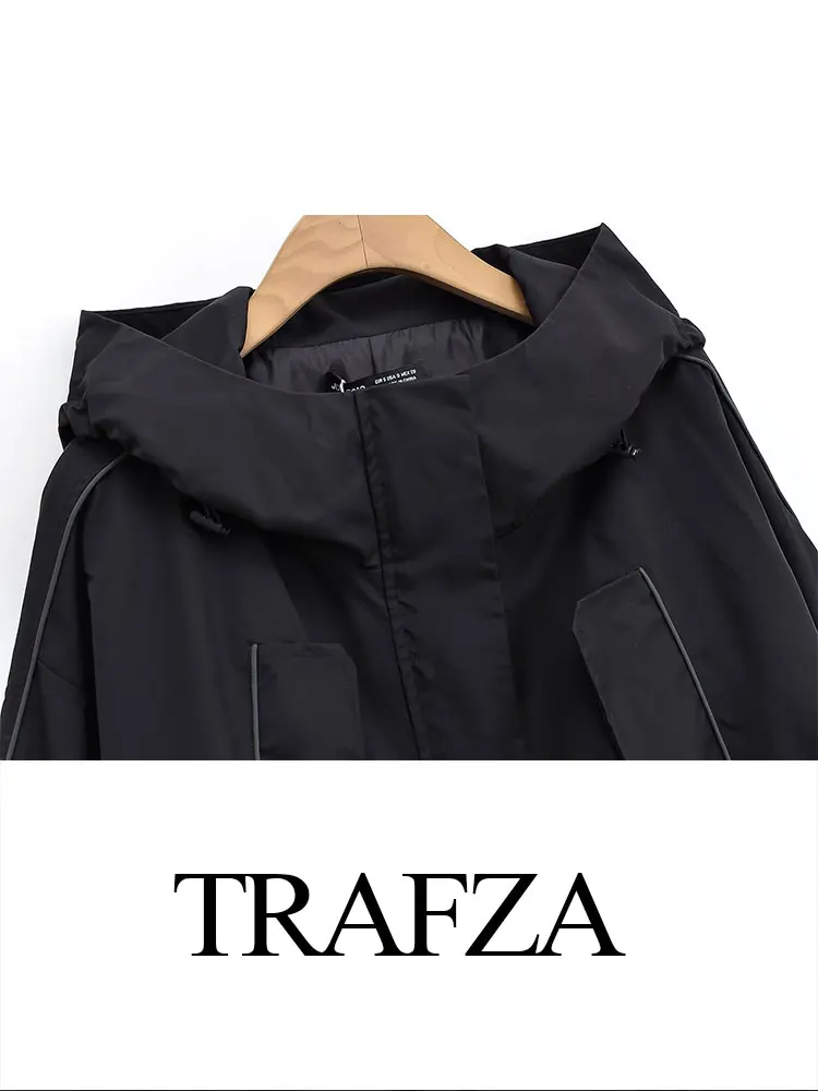 TRAFZA 2024 ฤดูใบไม้ร่วงHoodedเสื้อแจ็คเก็ตผู้หญิงแฟชั่นหลวมZipper Fly Croppedแจ็คเก็ตผู้หญิงด้านบนกับกระเป๋าหญิงเสื้อ