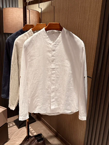 

New Chinese Style 100% Linen Long Sleeve Shirt Spring 2026 Men's Versatile Color Collarless Business Casual Wear