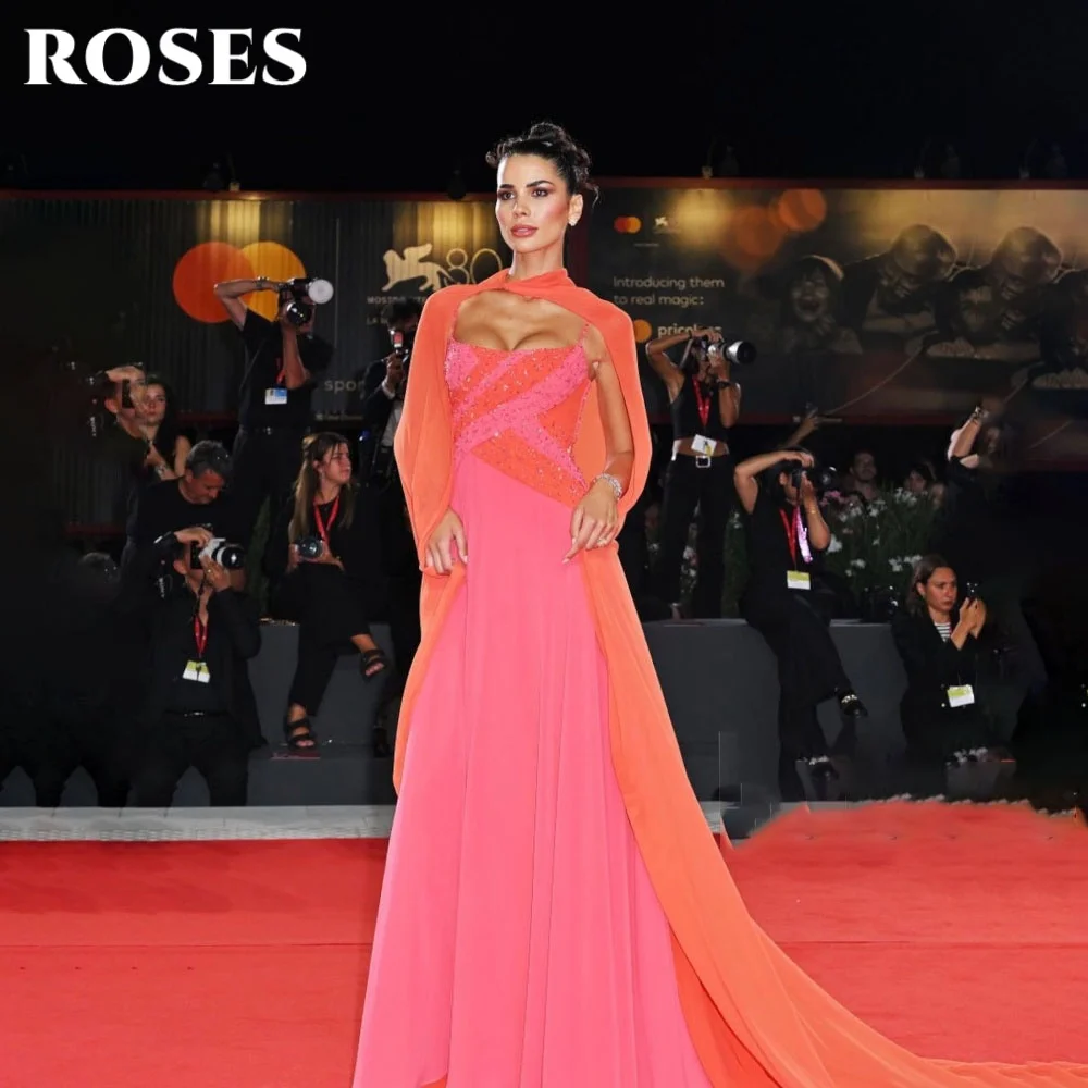 فستان حفلة موسيقية وردي وردي بحزام سباغيتي على شكل حرف a مع شال فساتين سهرة مع طيات بدون أكمام فستان رسمي للحفلات حسب الطلب #4