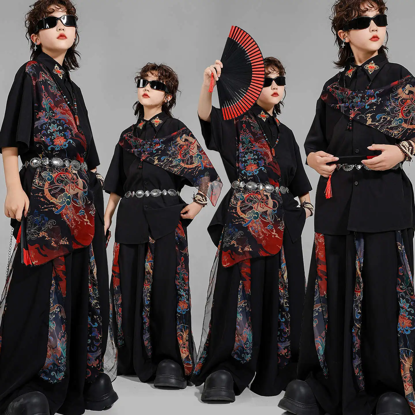 

Kid Chinese Wuxia Hip Hop Clothing Black Print Mesh Short Sleeve Shirt Casual Wide Leg Pants for Girl Boy Dance Costume Clothes