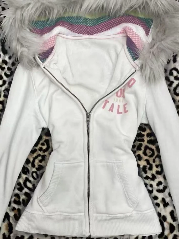 الخريف أزياء خمر طويلة الأكمام هوديي المرأة تصميم شارع العليا الأبيض سليم سستة المرقعة معطف الساخن فتاة Y2k سترة أنيقة