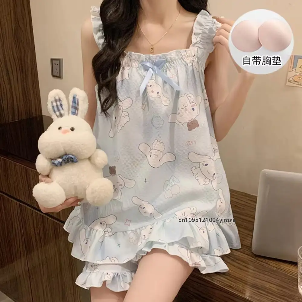 Anime Sanrio New Cinnamoroll Women's Sling Pajamas Cartoon Leisure Breathable with Chest Pad Please Cool Kawaii Blue Homewear