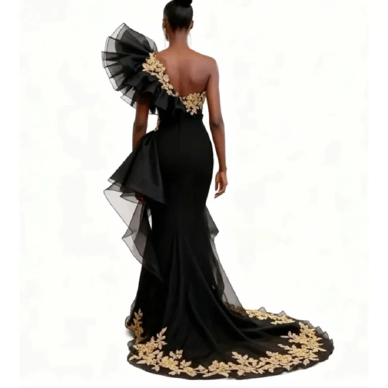 One Shoulder Black Evening Dress With Gold Lace Eleagnt Mermaid Ball Gown For African Black Girls Formal Party Dress Customized