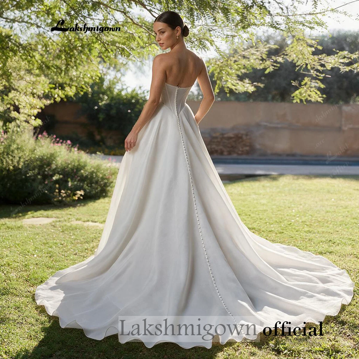 Lakshmigown Einfaches schulterfreies Hochzeitskleid, A-Linien-Brautkleid, plissiertes Korsett, Vestido De Noiva für Strand- und Outdoor-Hochzeiten – Detail 7