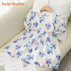 Bear Leader Girls Bubble Sleeve Princess Dress 2023 Summer New Childrens Wear Girl Baby Retro Floral Dress Cute Princess Dress