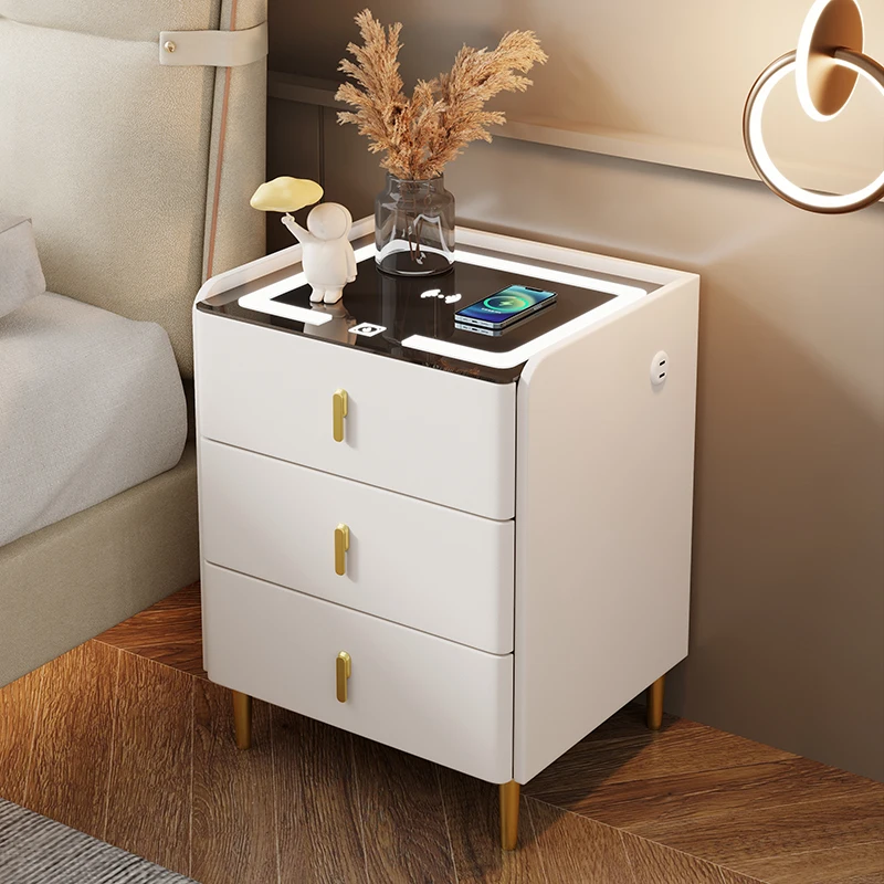 طاولة بجانب السرير بتصميم حافة مائلة حديثة وذكية لغرفة النوم مع ثلاثة أدراج شحن لاسلكي وثلاثة ألوان LED #4