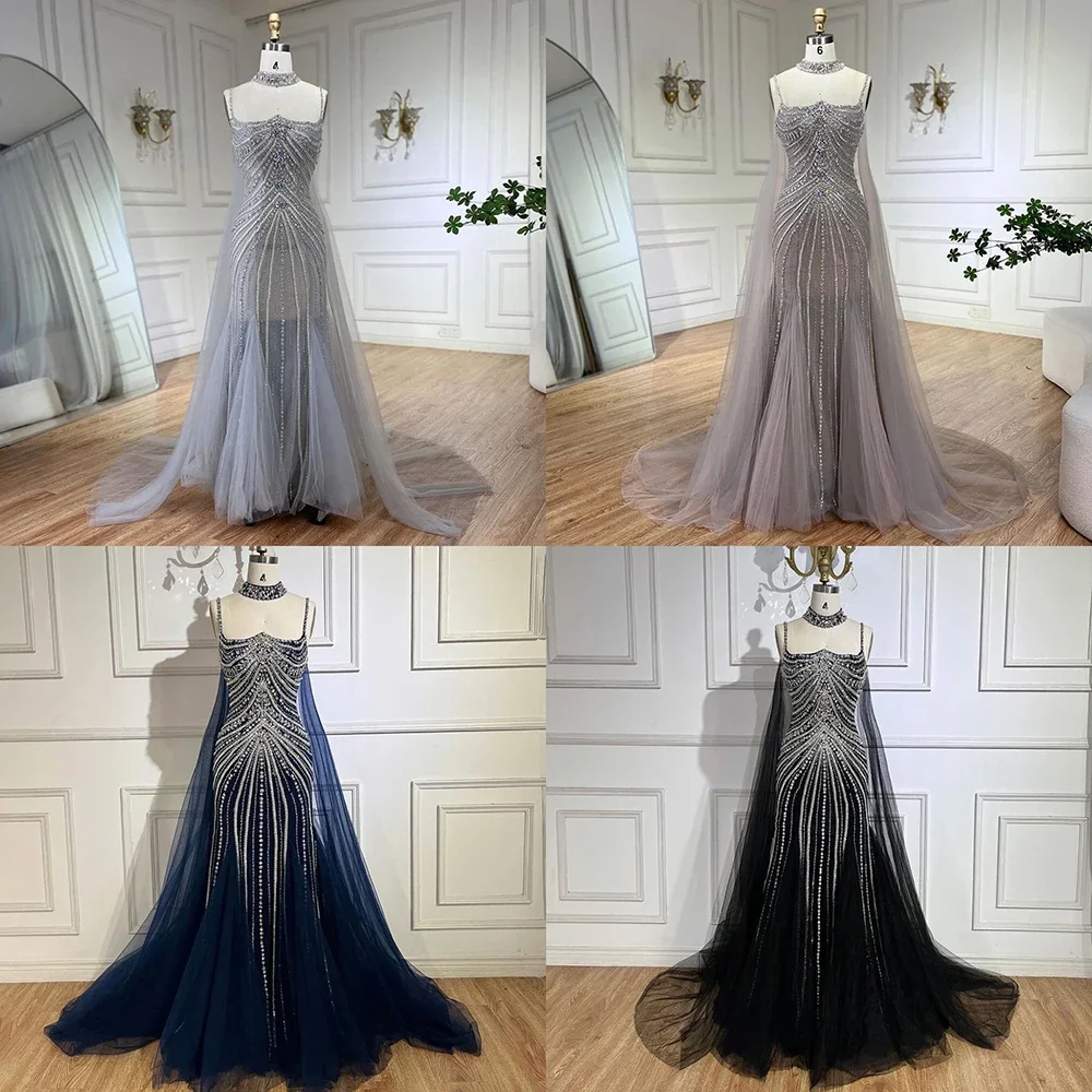 Serene Hill Blue Spaghetti Strap Long Cloak Mermaid Beaded Lace up  Evening Dresses Gowns For Party LA72440 Customized