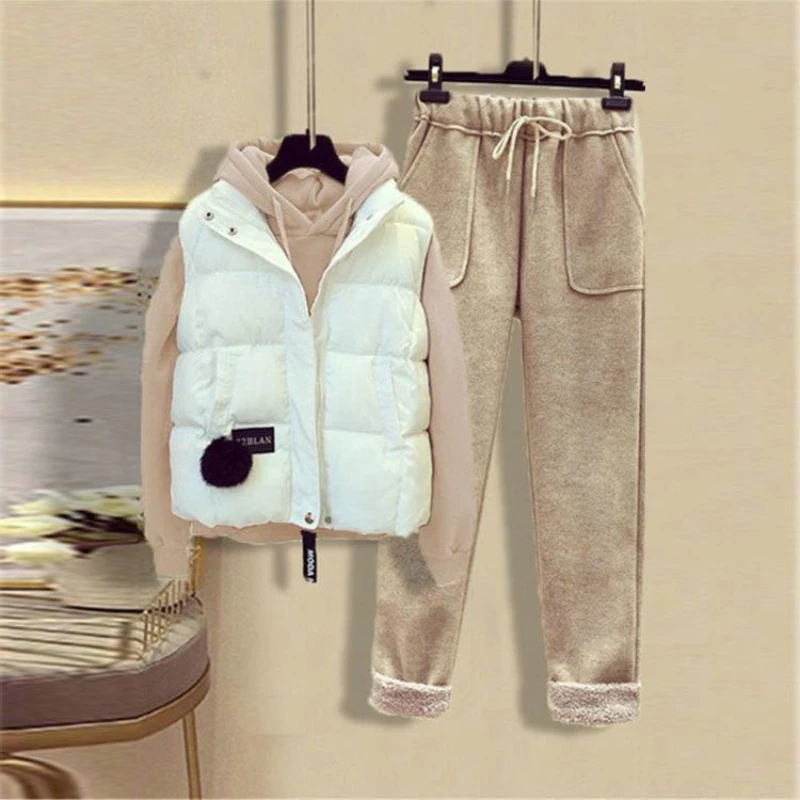 New Korean Casual Vest in Autumn and Winter+loose Hooded Top+slim Fitting Woolen Trousers Three Piece Fashion Suit