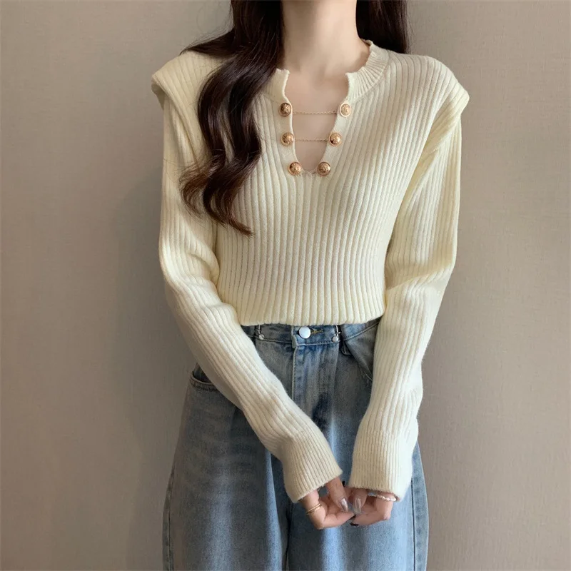 Spring Women  Buckle Chain Sweater Long-Sleeved Korean Split Collar Pretty Gold WireSolid Color Pullover Knit Fashion Tops