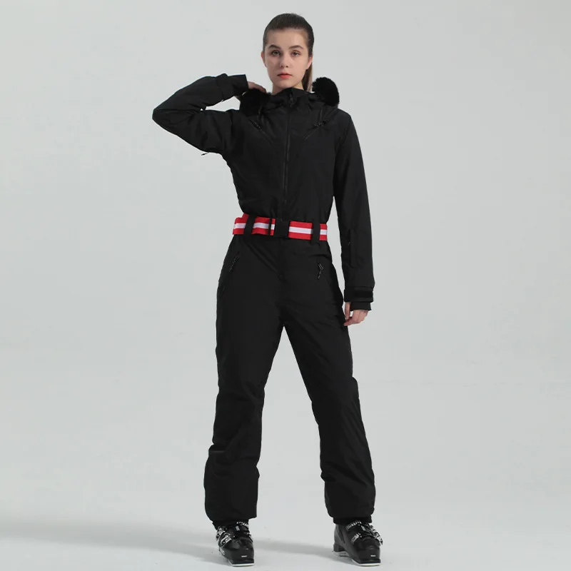 24 Winter New One-piece Ski Suit Solid Color Outdoor Warm Windproof Waterproof Cross-border Ski Suit One-piece Women