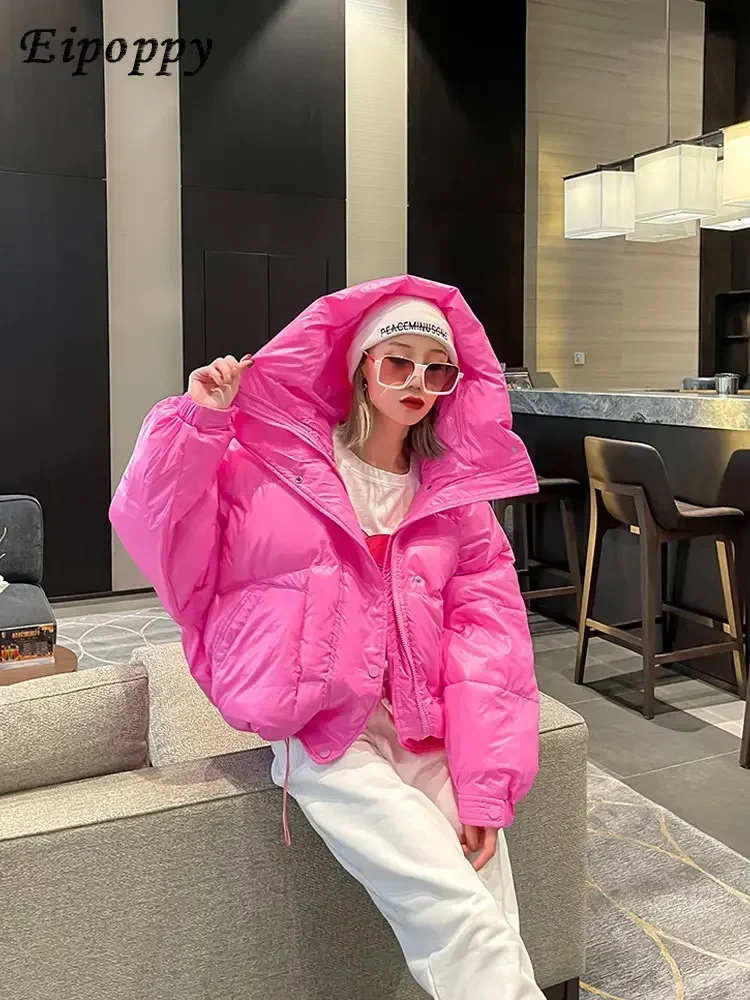 Street Jacket Short Candy Color All-match Bread Coat Women Shiny Warm Big Hooded Cotton Padded Parkas Fashion Winter Jacket Lady