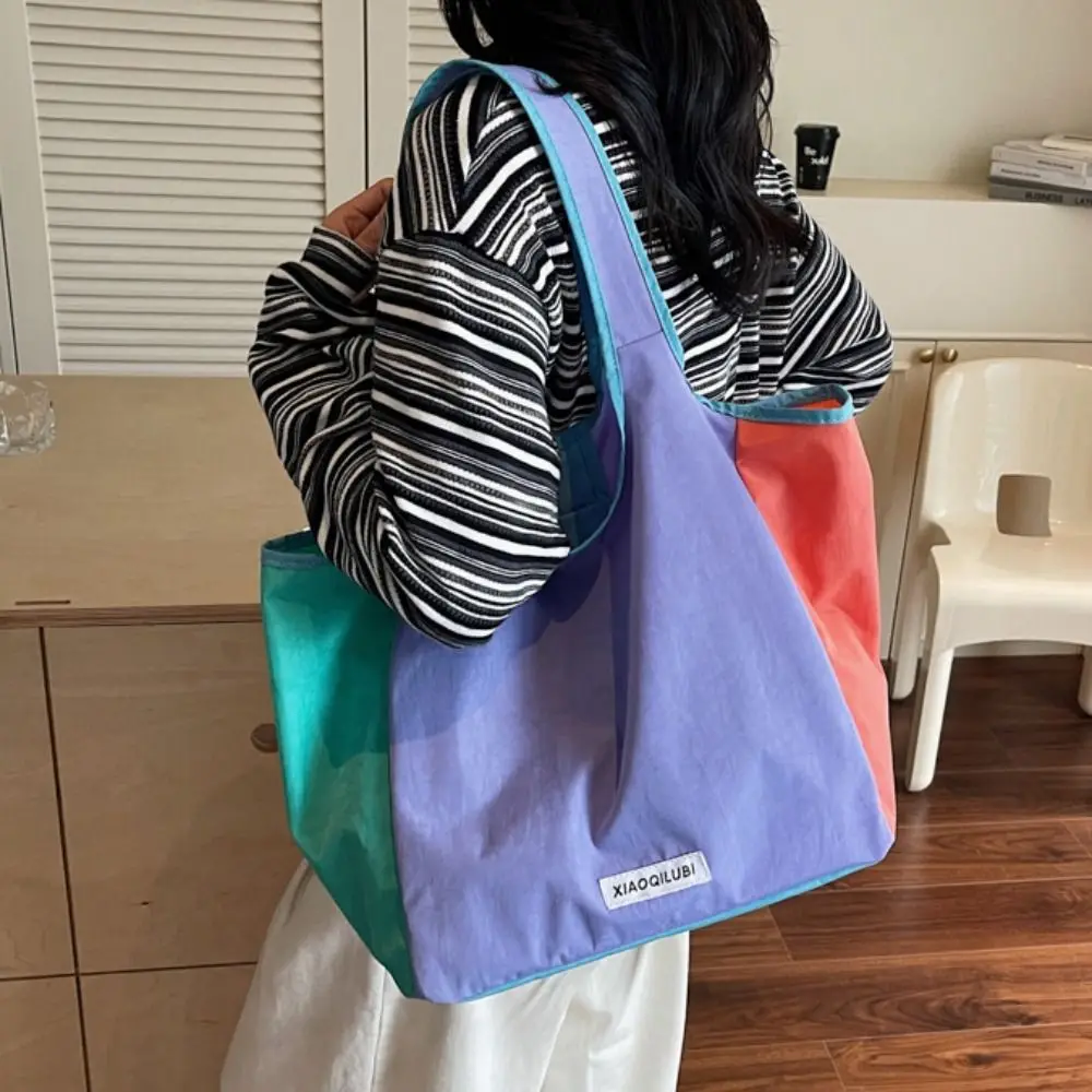 

Tote Dopamine Color Nylon Shoulder Bag Cloth Lightweight Foldable Shopping Bag Handbag Waterproof Eco Friendly Storage Bag Women
