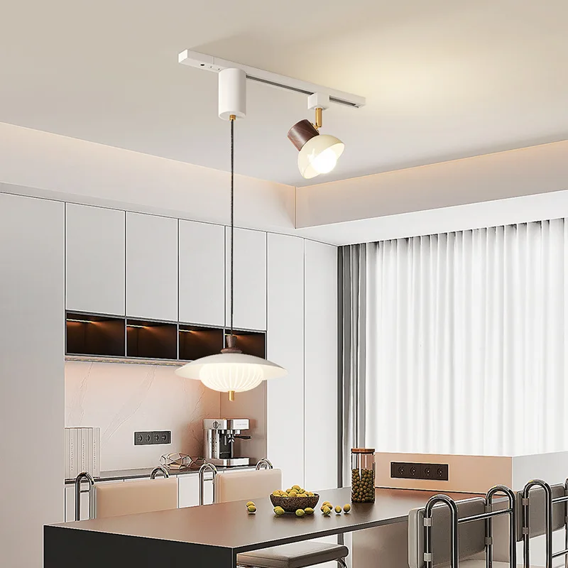 Cream Style Pendant Lights Long Strip Multi Head Track Grille Restaurant Hanging Lamps Creative Movable Dining Room Bar Counter
