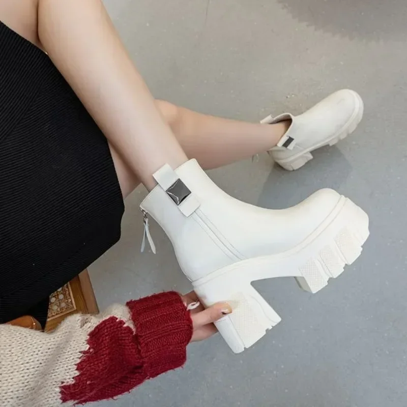 Fujin 11cm New Microfiber Leather Women High Increase Casual Ankle Boots Platform Wedge Pumps Heels White Shoes Winter Shoes