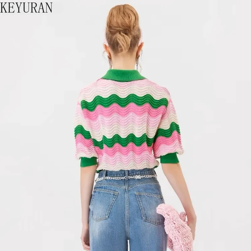 2024 New Summer Rainbow Striped Sweater Women\'s Knit T-Shirt Vintage Turn-down Collar Casual Loose Pullover Knitwear Tops Jumper