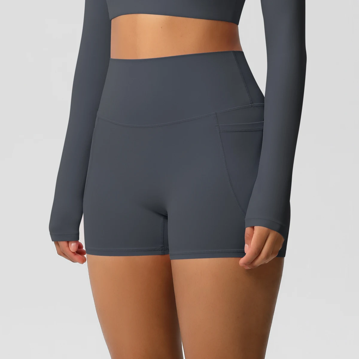 Einfarbige Yogahose mit Taschen, schnell trocknend, hohe Taille, für Fitnessstudio, Push-Up-Yoga-Shorts für Damen, atmungsaktiv, Workout, Fitness, kurz – Detail 27