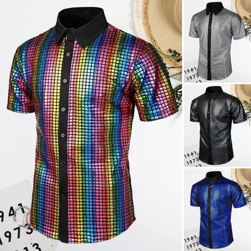 Men 70s Shirt Reflective Sequin Disco Shirts for Men Vintage 70s Style with Turn-down Collar Short Sleeves for Clubbing Costumes