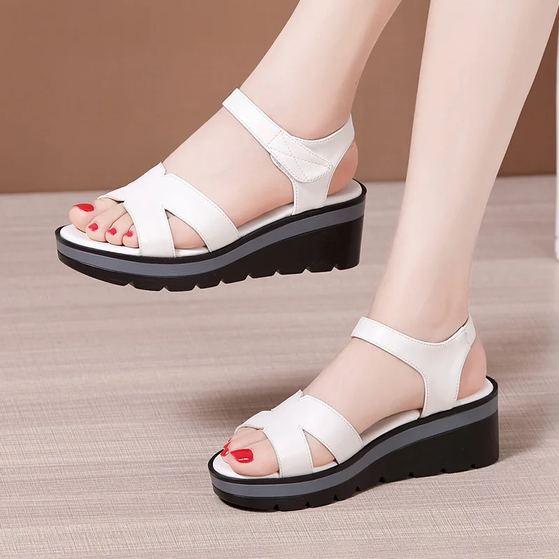 High quality summer wedge leather sandals for women 6cm high heel 2024 size 33 34 43 platform open toe elegant shoe black white