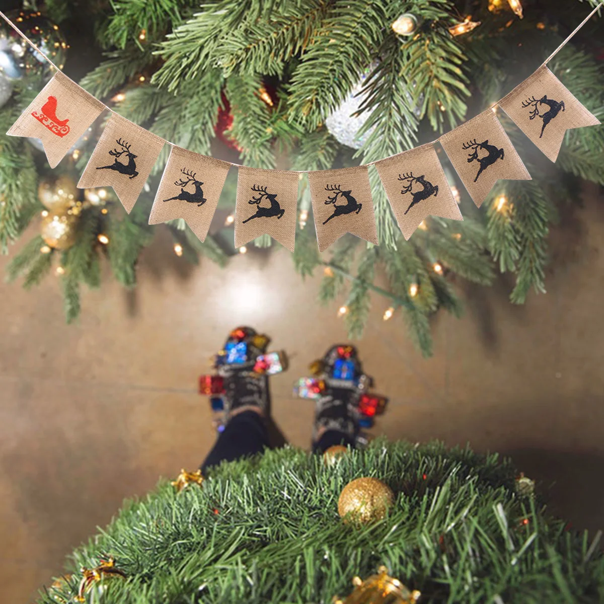 

Christmas Burlap Bunting Garland Tear Resistant Reindeer Sled Pattern Flags Wall Hanging Party Wedding Home Office