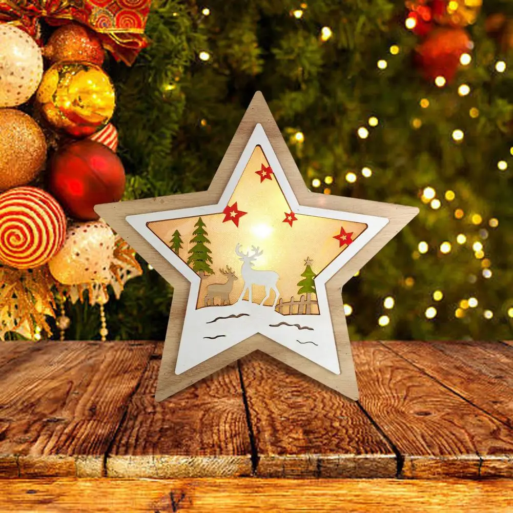 Holiday Wooden Star Decor Festive Wooden Ornament Set with Light-up Snowman Santa Claus Elk Holiday Table Sign for Home