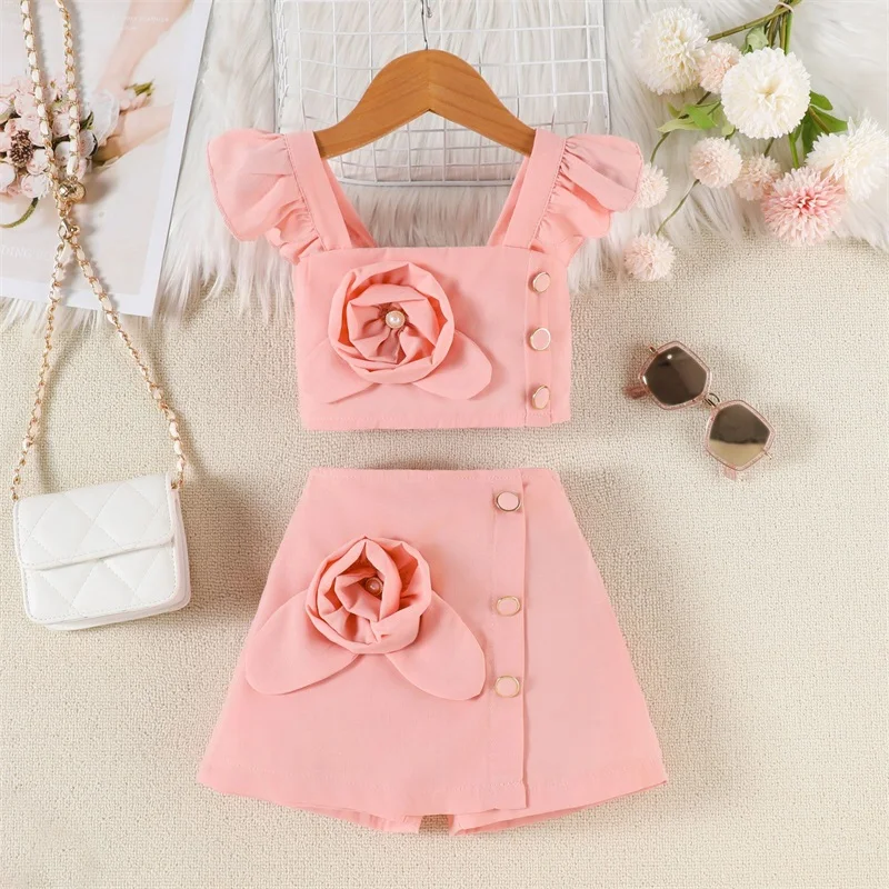 Set pakaian musim panas anak perempuan, atasan motif bunga 3D leher persegi dengan rok A-Line Mini 2 potong, pakaian musim panas anak perempuan modis