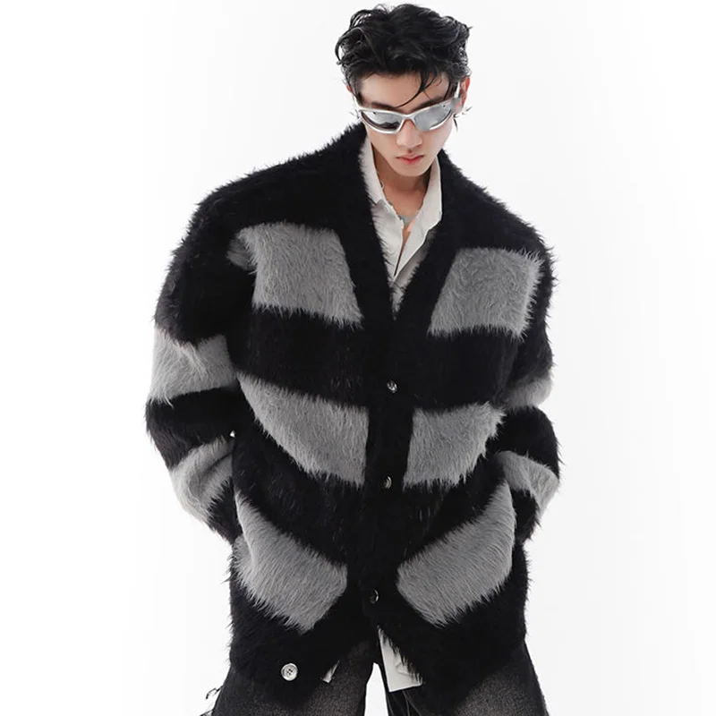 

Imitation Mink Fleece Men Striped Sweater Coat Vintage Spliced Korean Loose Casual Sweater Winter Male Thicken Cardigan Sweater