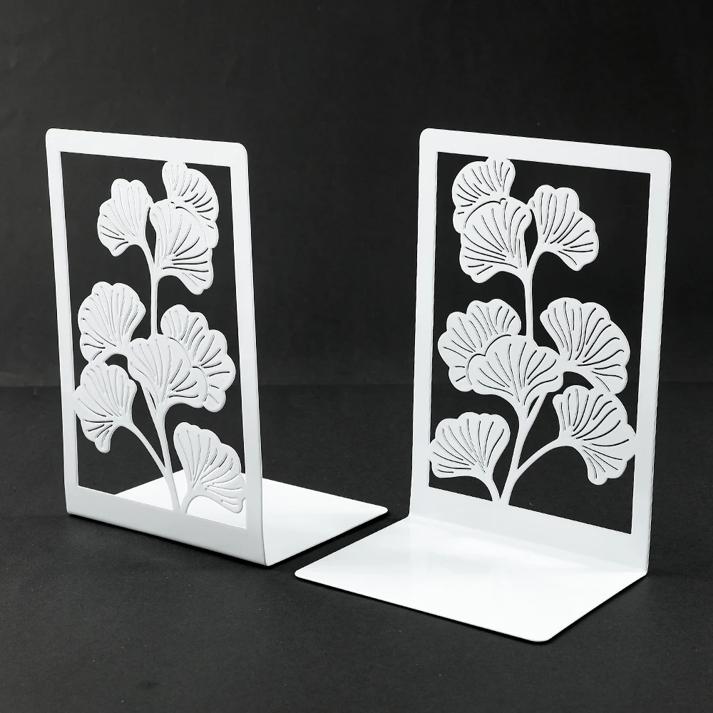 2Pcs Ginkgo Leaf Bookend Bring Luck Metal Bookends White Office Desktop Home for Book Lovers Office supplies Book Rack Bookshelf