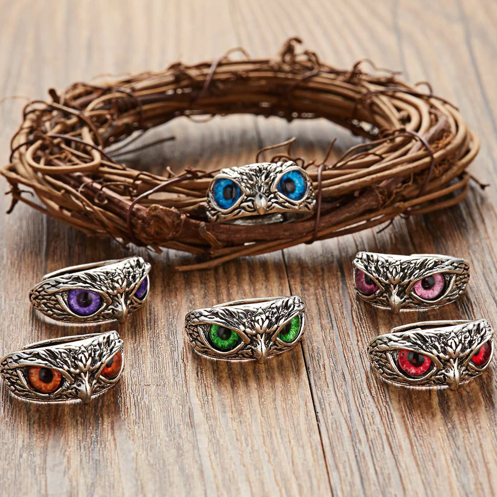 New Vintage Owl Rings For Women Men Design Multicolor Cat Eye Finger Rings Silver Color Adjustable Opening Animal Couple Jewelry