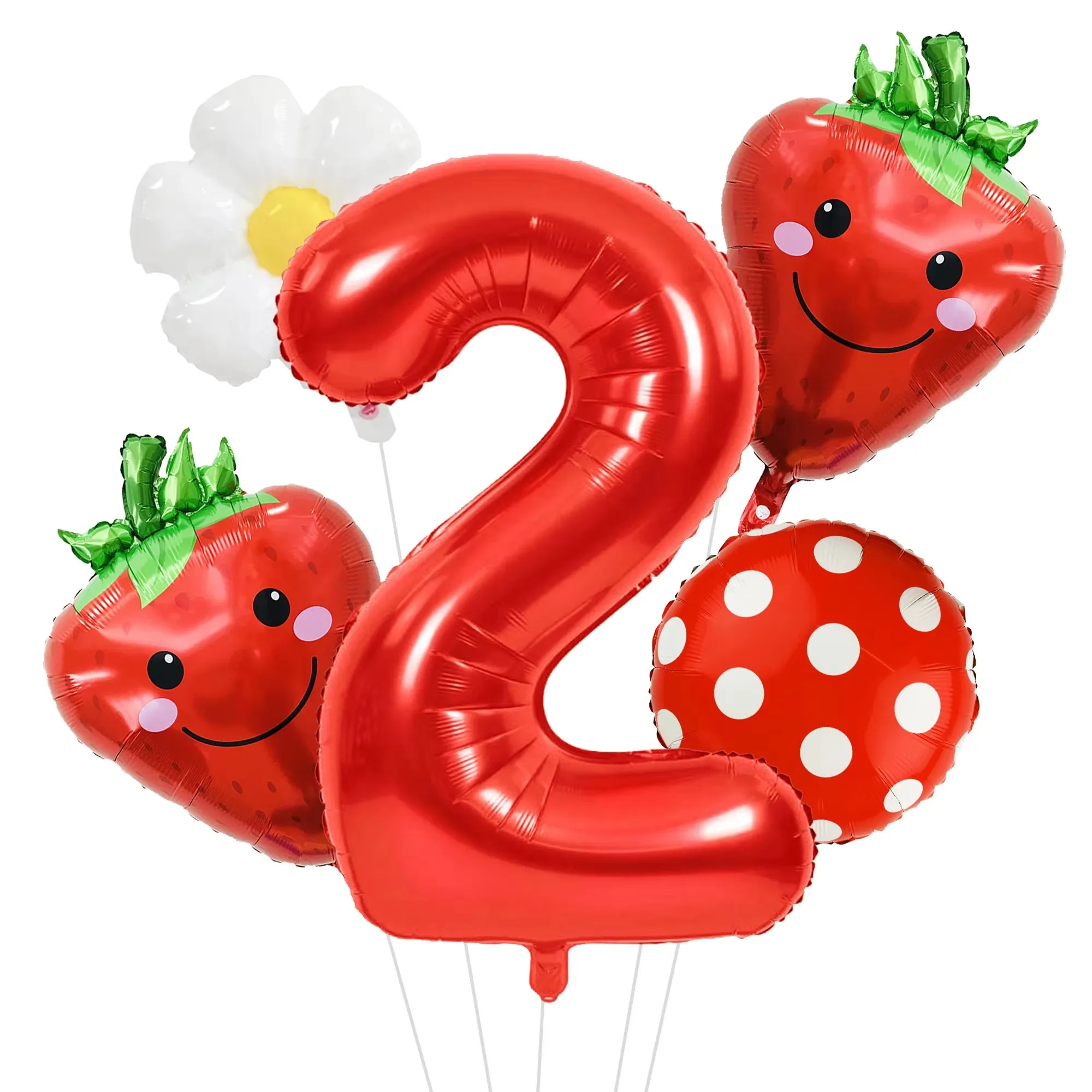 5-teiliges Set mit roten Ballons in den Zahlen 1-6, Erdbeer-Gänseblümchen-Ballon-Set, Erdbeer-Gänseblümchen-Folienballons mit Punkten, geeignet für Muttertag, Valentinstag, Geburtstagsfeiern, Jubiläumsfeiern, süße Beer – Detail 3