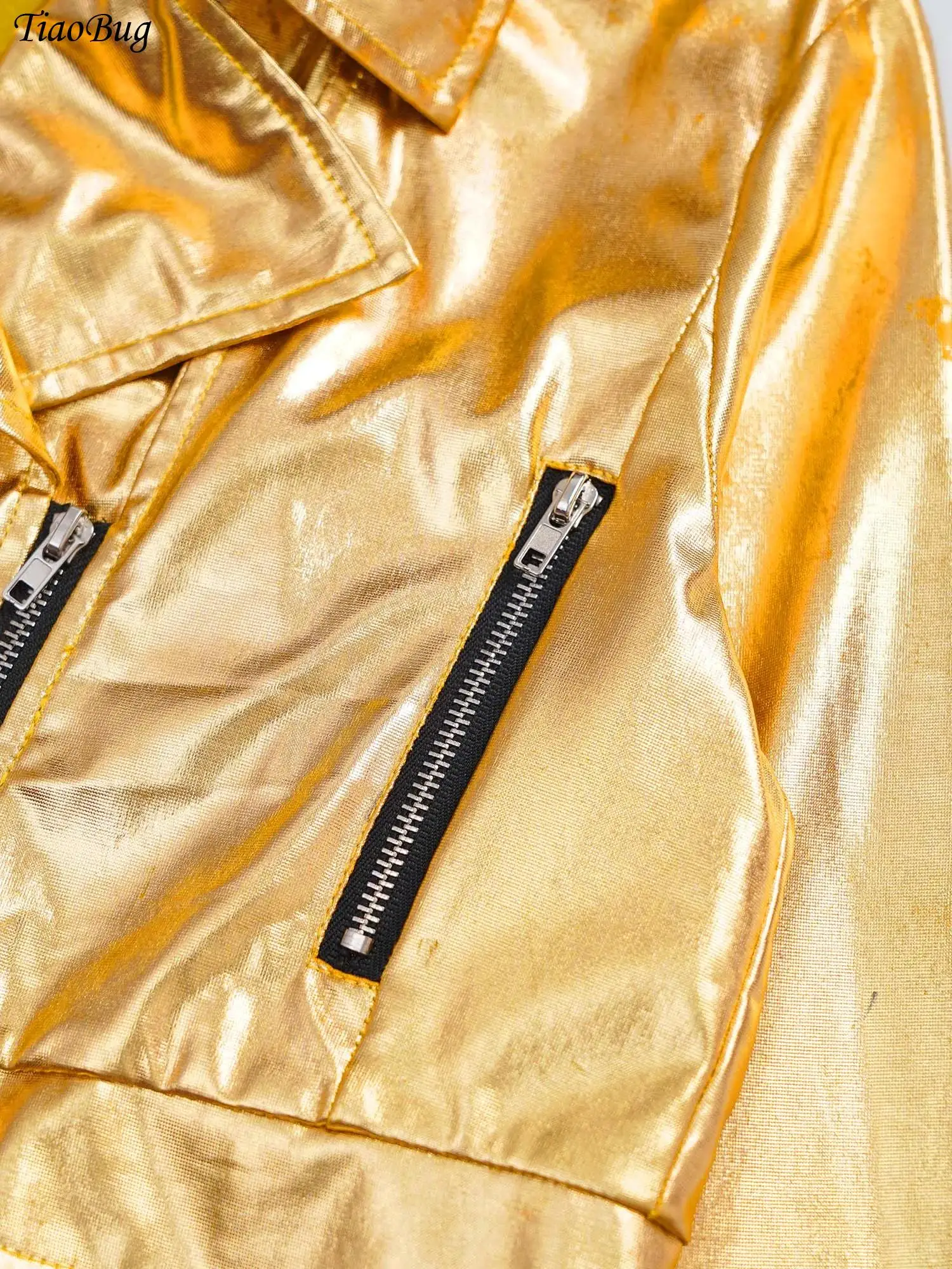 

Kids Girls Hip-Hop Jazz Dance Outfit Holography Shiny Metallic Turn-Down Collar Long Sleeve Jacket Coat Outwear+Cargo Pants 2Pcs