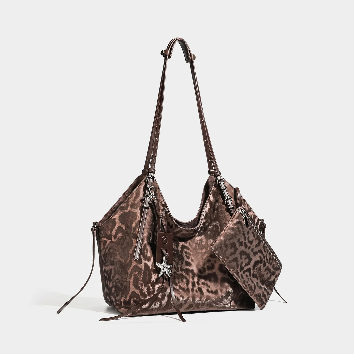 Retro Brown Leopard Design Tote Bag Women Hot Girl Fashion Large Capacity Shoulder Bag Ladies Star Charm Underarm Bag Y2k 2026