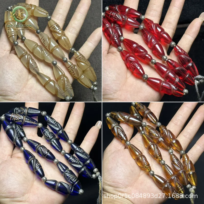 Antique Vintage Glass Human-Shapped 13*40mm Tube Bead Necklace Old Materials Colored Glaze Beads