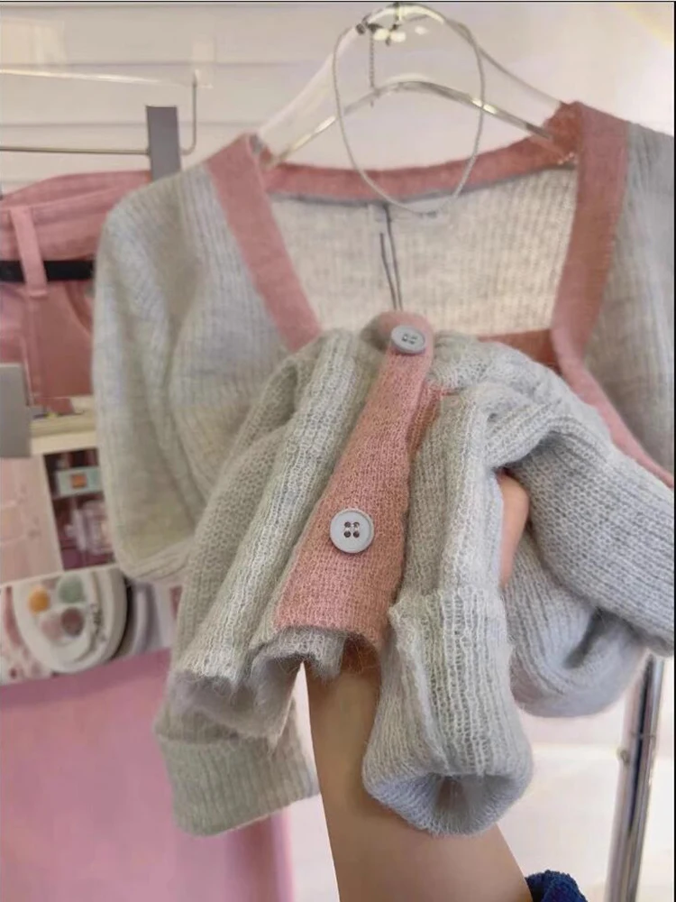 Korea Sweet 3 Pieces Set Women Casual Sweater Coat Loose Knitted Cardigan Sexy Tank Tops Pink High Waist Skirt Female Suits